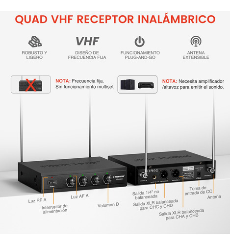 Sistema Micrófono Inalámbrico 4 Canales Vhf Microfono Phenyx