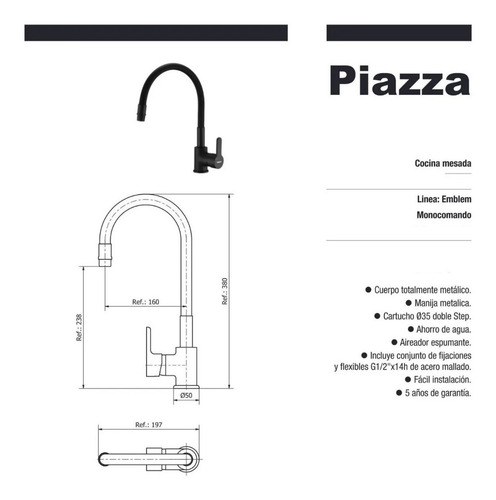 Grifería Cocina Flexible Negra Grifo Monocomando Piazza