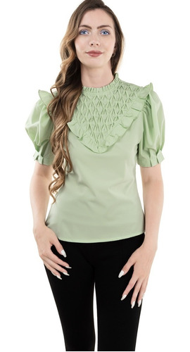 Blusa Vestir Escote Plisado Manga Corta Elegante Fresca.