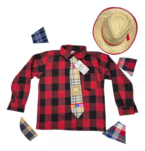 CAMISA INFANTIL COM GRAVATA E CHAPÉU- FESTA JUNINA PRETO - XADREZ