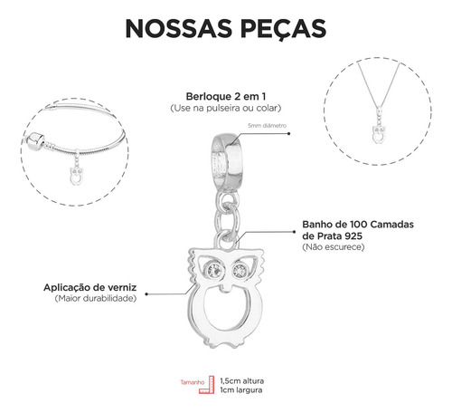 Work Semijoias Berloque Coruja Strass Vazada Banhado A Prata 925 Premium