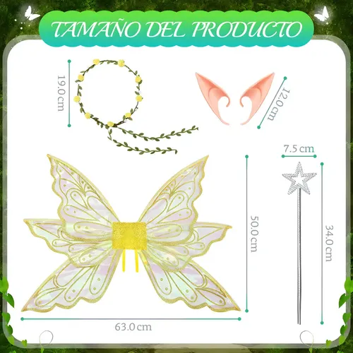 Alas Hada Mujer Disfraz De Hada Con Alas De Mariposa Para Mujer Y Niña - Juego De 3 Piezas: Alas, Orejas De Elfo Y Corona, Capa De Poliéster De 180x90 Cm, Para Alas Hada Mujer Disfraz De Hada Con Alas De Mariposa Para Mujer Y Niña - Juego De 3 Piezas: Alas, Orejas De Elfo Y Corona, Capa De Poliéster De 180x90 Cm, Para