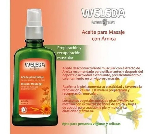 Aceite Masaje Árnica Weleda Vegano Celiaco Deporte Embarazo