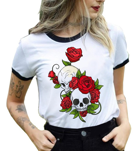 Playera Cuello Negro Para Dama * Calavera Rosas *  Moda Muje