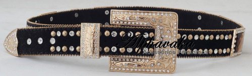 Imagem 4 de 4 de Cinto Feminino Country Preto Com Pelos Com Strass Fivela