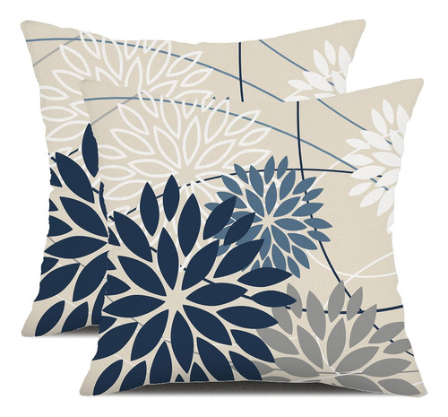 Funda De Almohada Floral Azul Y Gris 18x18 Juego De 2 Imperm