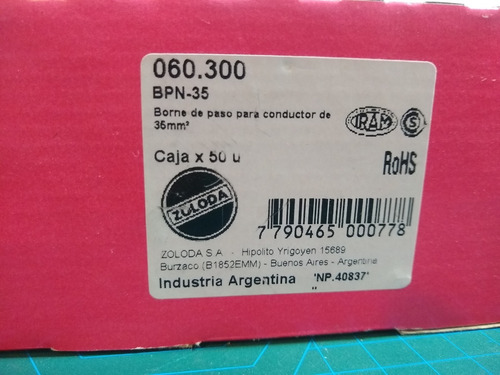 Imagen 7 de 9 de Bpn 35 -borne De Paso Para Conductor 35mm Zoloda X10un