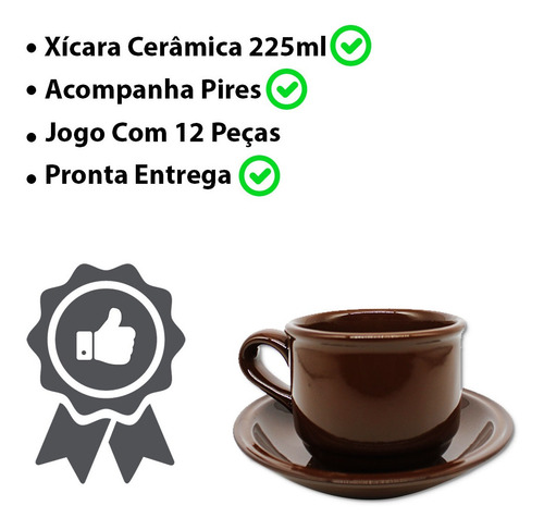 Imagem 2 de 7 de Jogo De Xícaras De Cafe Chá 12pçs Marrom Com Pires Ceramica