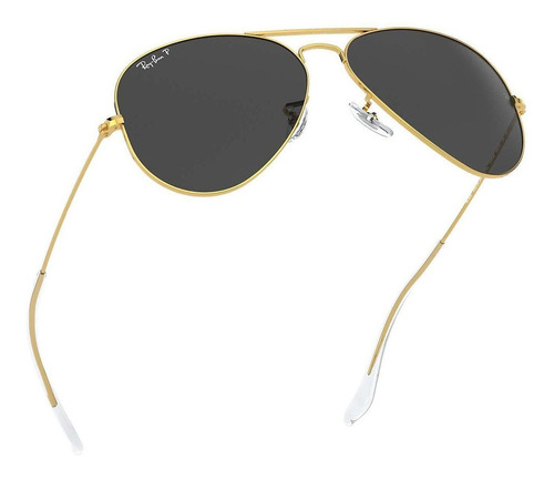 Anteojos de sol polarizados Ray-Ban Aviator Classic Standard con marco de metal color polished gold, lente black de cristal clásica, varilla polished gold de metal - RB3025