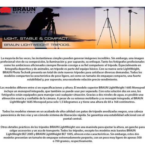 Imagen 4 de 6 de Tripode Braun Lightweight Blt 200 Para Camara Aluminio 1.45m 2kg Plegable Con Funda Y Adaptador Soporte Celular Lelab