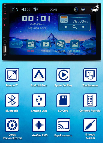 Multimídia 7'' H-tech Ht-3625ca Android Auto Carplay Câmera