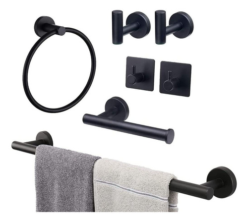 Set De 7 Accesorios De Baño Acero Inoxidable Plata Y Negro