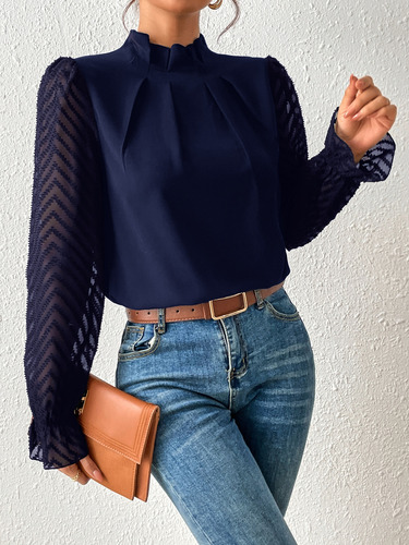 Blusa Fruncido Cuello De Manga Con Volante