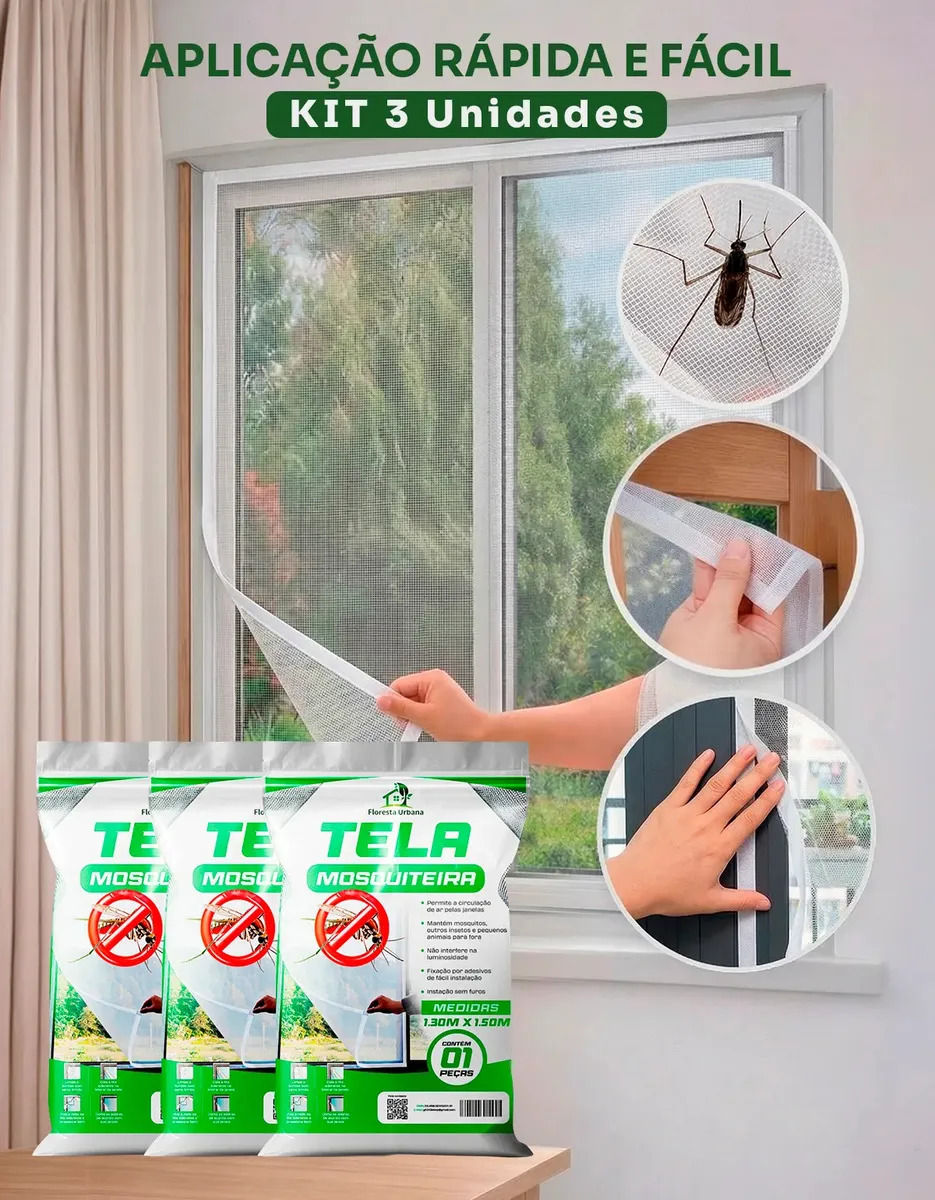 KIT 3 TELAS MOSQUITEIRA 1.30X1.50 PARA JANELA E PORTAS COM VELCRO AJUSTÁVEL PROTEÇÃO ANTI-INSETO CONTRA MOSQUITO MOSCA E BARATAS - FLORESTA URBANA