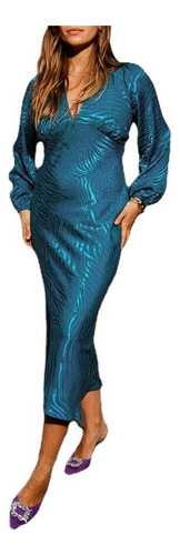 Elegante Vestido Azul De Raso Con Estampado De Cebra