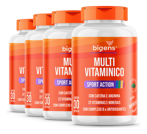 Kit C/ 4x Multivitaminico Sport Action (22 Vitaminas E Minerais) Com Cafeína E Arginina | 120 Cáps | Bigens
