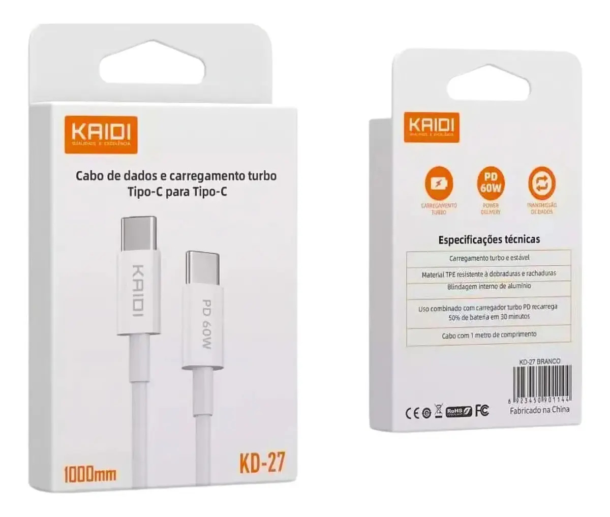 Cabo USB Tipo-C Para Tipo-C Kaidi de 60W e 1m