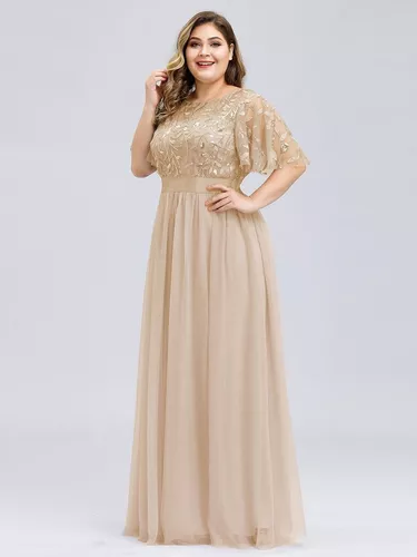 Vestido Largo Fiesta Beige Dorado Mang Talla Extra Dia