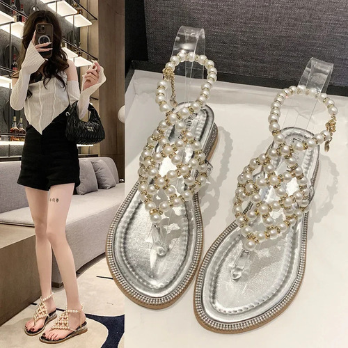 Sandalias De Cuña De Perlas Bohemias Para Mujer, Moda De Ver