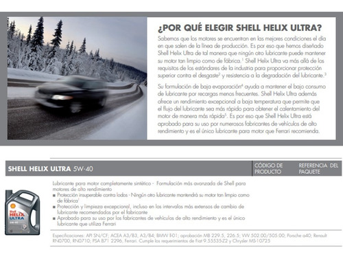 Aceite Full Sintetico 5w40 Shell Ultra
