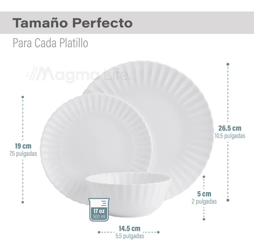 MAGMA LIFE Vajilla de Opal Olas 6 personas (18 Piezas),Juego de Platos de Ultra Alta Resistencia: 6 Extendidos, 6 para Postre y 6 Hondos, para Microondas y Lavavajillas, Antibacterial, Fácil de Limpia