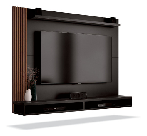 Painel Para Tv Até 50 Polegadas Dijon Ripado C/ Prateleira Cor Preto/Naturale