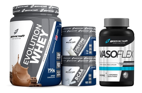 Kit Evolution Whey Creatina Bcaa + Vasoflex Bodyaction Sabor Chocolate