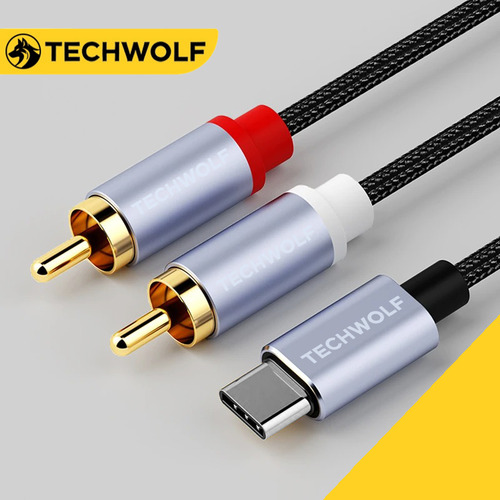 Cable De Audio Auxiliar Type C A 2 Rca 1.2m, Cable Rca Audio Auxiliar Techwolf Con Chip Dac 24bit/96khz Color Gris Para Teléfonos, Mp3, Tabletas, Parlantes, Tv Inteligente Y Pc