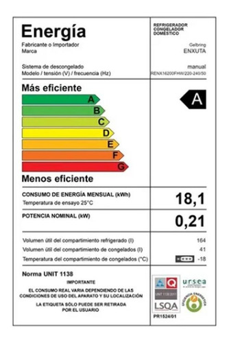 Imagen 3 de 6 de Refrigerador Enxuta Con Freezer Frio Humedo 205 Lt