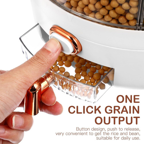 Dispensador de alimentos secos blanco de 25 libras, con 6 compartimentos y diseño giratorio de 360° para cereales, arroz, soja y maíz.
