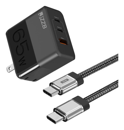 Jzzb 65w Gan Cargador De Tres Puertos Carga Rapida Con Cable Color Negro
