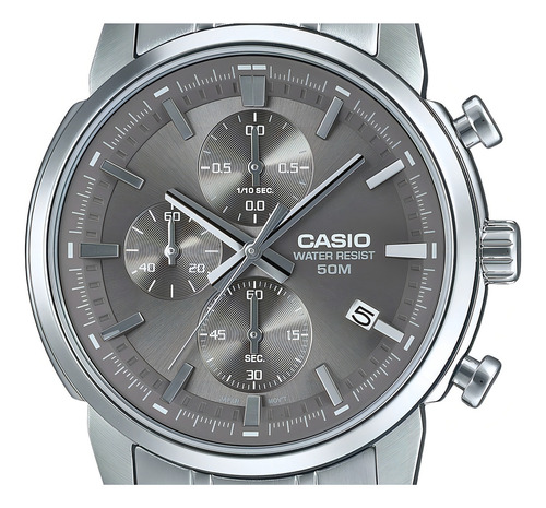 Reloj Casio Mtp-e510d Cronógrafo Hombre Acero Resistente Correa Plateado Bisel Plateado Fondo Plateado