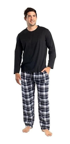 Pijama Hombre Largo Algodón Franela Negro Talla M Mt30133