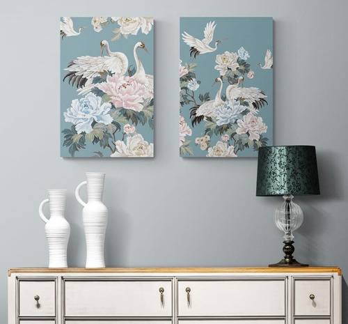 Gruyas Azules Y Flores 30x40 Canvas Decorativo