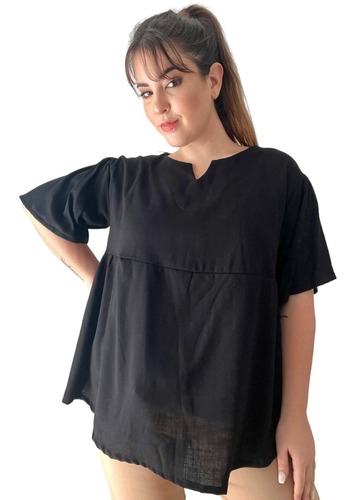 Blusa De Lino Acampanada Manga Volados Mujer Talle Grande