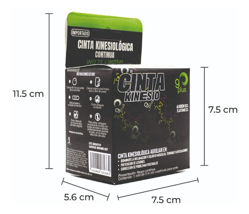 Cinta Kinesiológica Negra Diseño Go Plus 5m