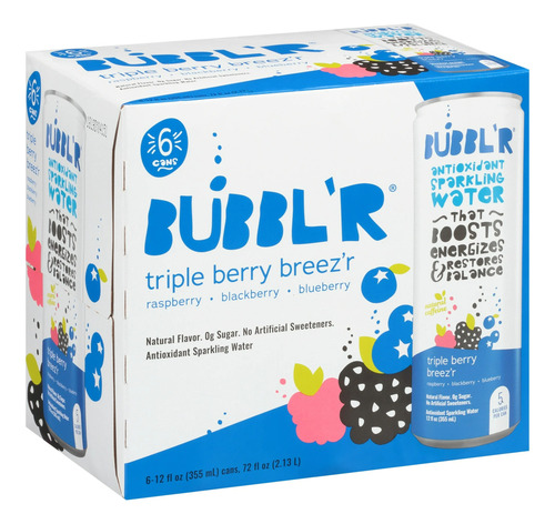 Bubbl'r Agua C/gas Antioxidante Triple Berry Breez'r 6 Latas