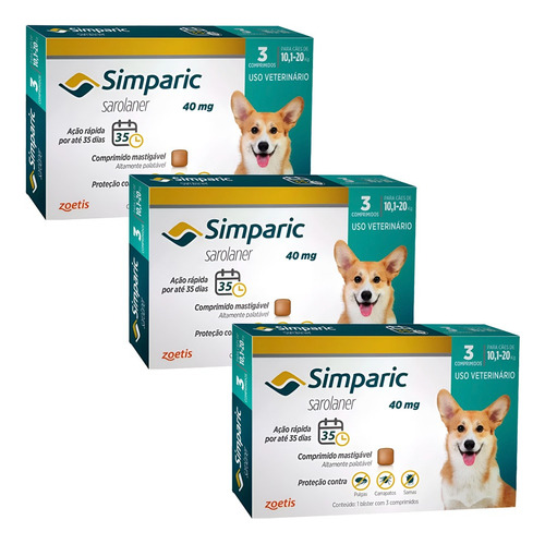 Kit Simparic 3 Cx. 3 Comp. 40 Mg Cães 10,1 Kg - 20 Kg
