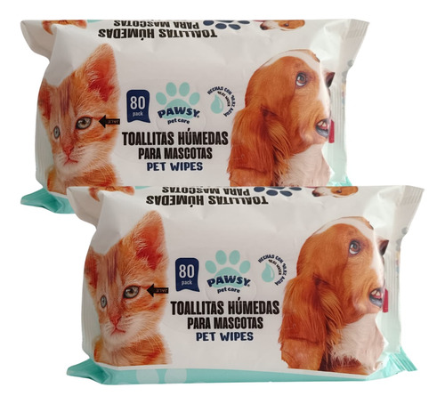 2 Pack 160 Toallitas Humedas Limpiadoras Pawsy Perros Gatos