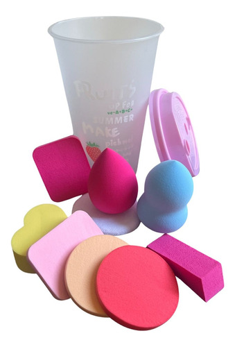 Set X9 Esponjas De Maquillaje + Vaso Plástico De Estuche