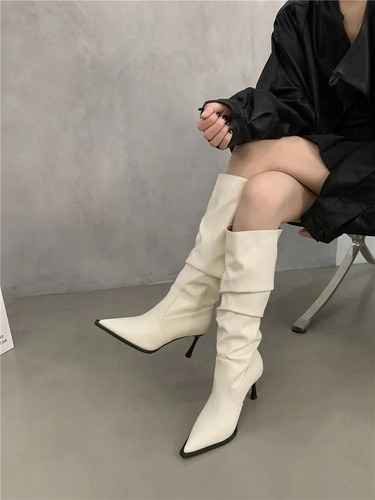 Botas Largas De Cuero Con Tacón Alto Y Punta Puntiaguda Para