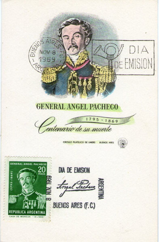 Imagen 1 de 2 de Argentina Tarjeta 1° Día Emisión Gral. Ángel Pacheco 1969