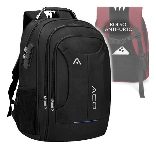 Mochila Bolsa Masculina Feminina Notebook Reforçada Usb Cor Preto Desenho Do Tecido Liso