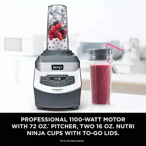 Ninja - Licuadora profesional de encimera con base de 1100 vatios, jarra de  trituración total de 72 onzas y 2 tazas de 16 onzas para bebidas