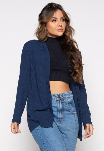 Imagem 3 de 9 de Kimono Cardigan Malha Canelada Inverno Blusinha Frio Aberto