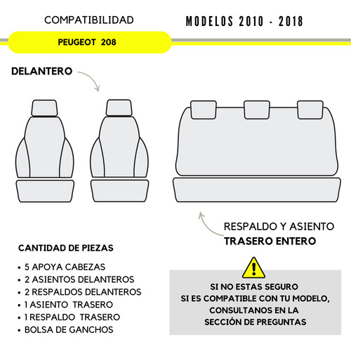 Funda Cubre Asiento Cuero Peugeot 208, 2023/- Asiento Ent.