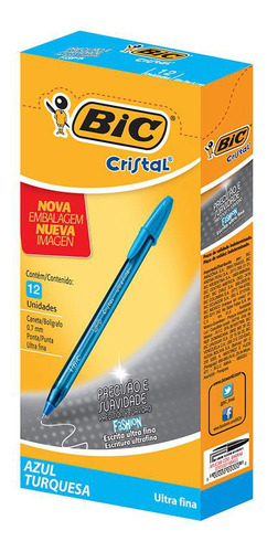 Caneta 0.7mm Cristal Fina Fashion Azul Turquesa 12un Bic