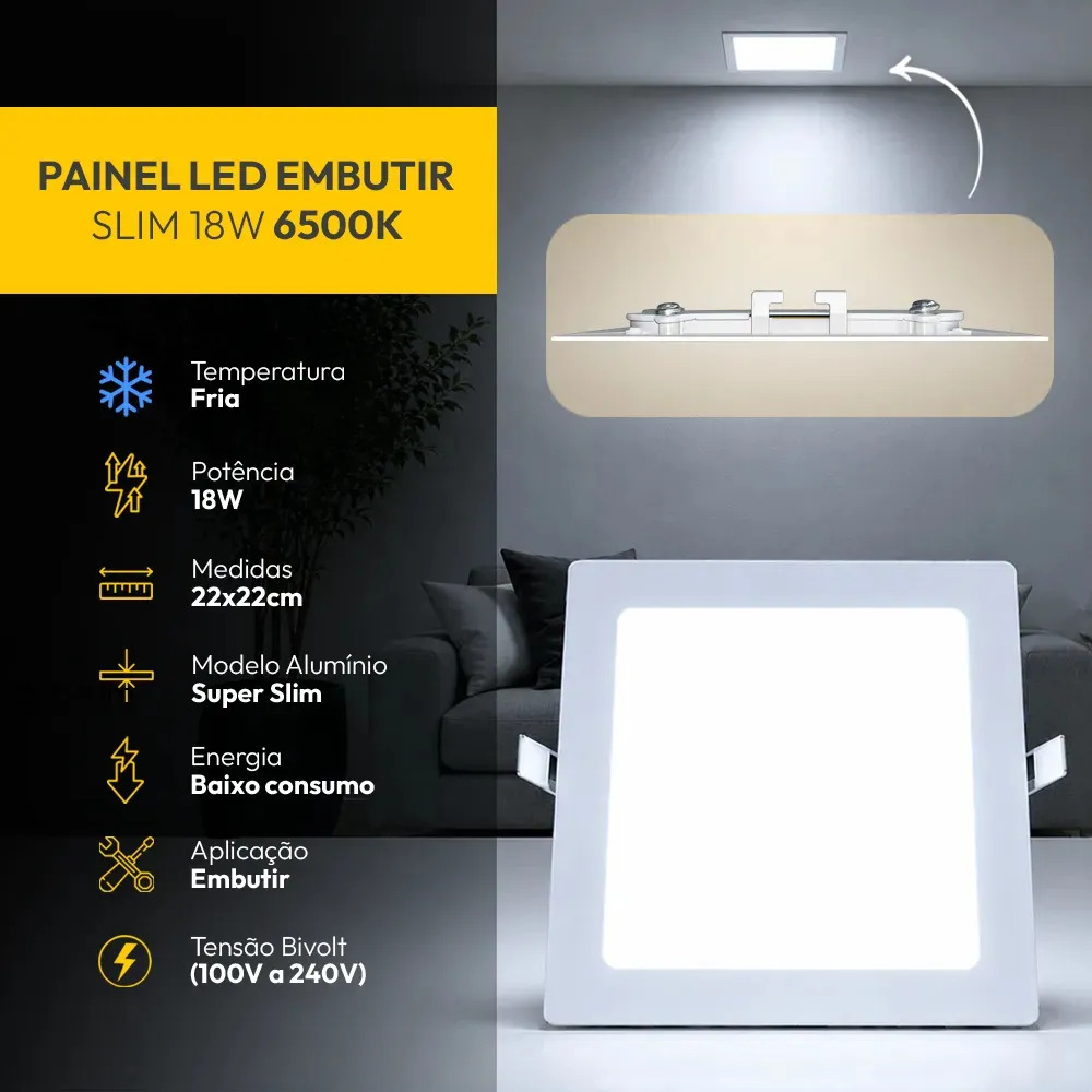 Painel Led Plafon Aluminio Embutir Quadrado 6500K Branco Frio 18w 22x22Cm
