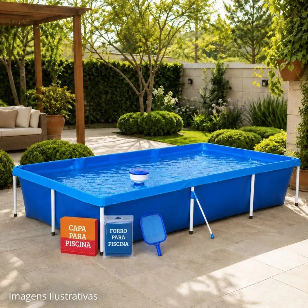 Piscina 3000l + Capa, Forro + Peneira E Flutuador Piscina Azul Liso