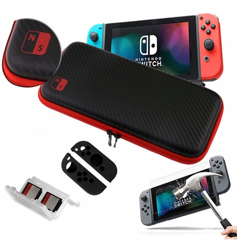 Estuche Nintendo Switch Fibra Carbono + Mica + Porta Juegos 